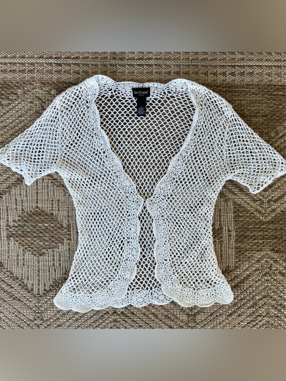 Off White Cotton Open-Knit Crochet Tie-Front Cardigan - Bay Studio